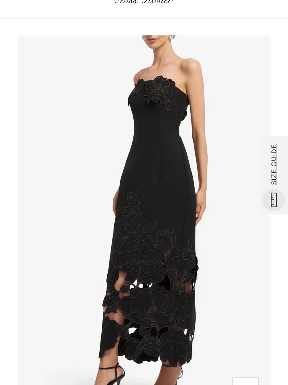 Strapless Black Midi Dress with Floral Laser-Cut Hem